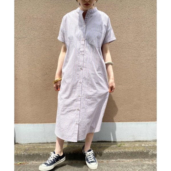 Titip Jepang - Band collar single pocket shirt dress