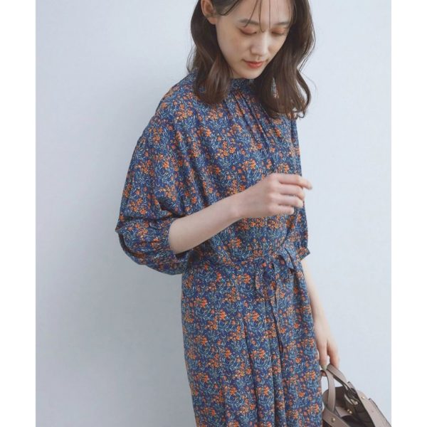 Titip-Jepang-ViS-Flower-print-volume-sleeve-dress-Navy